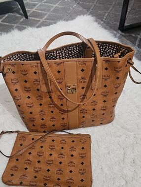 Reversible MCM Cognac Brown Visetos Logo Tote with Matching Pouch